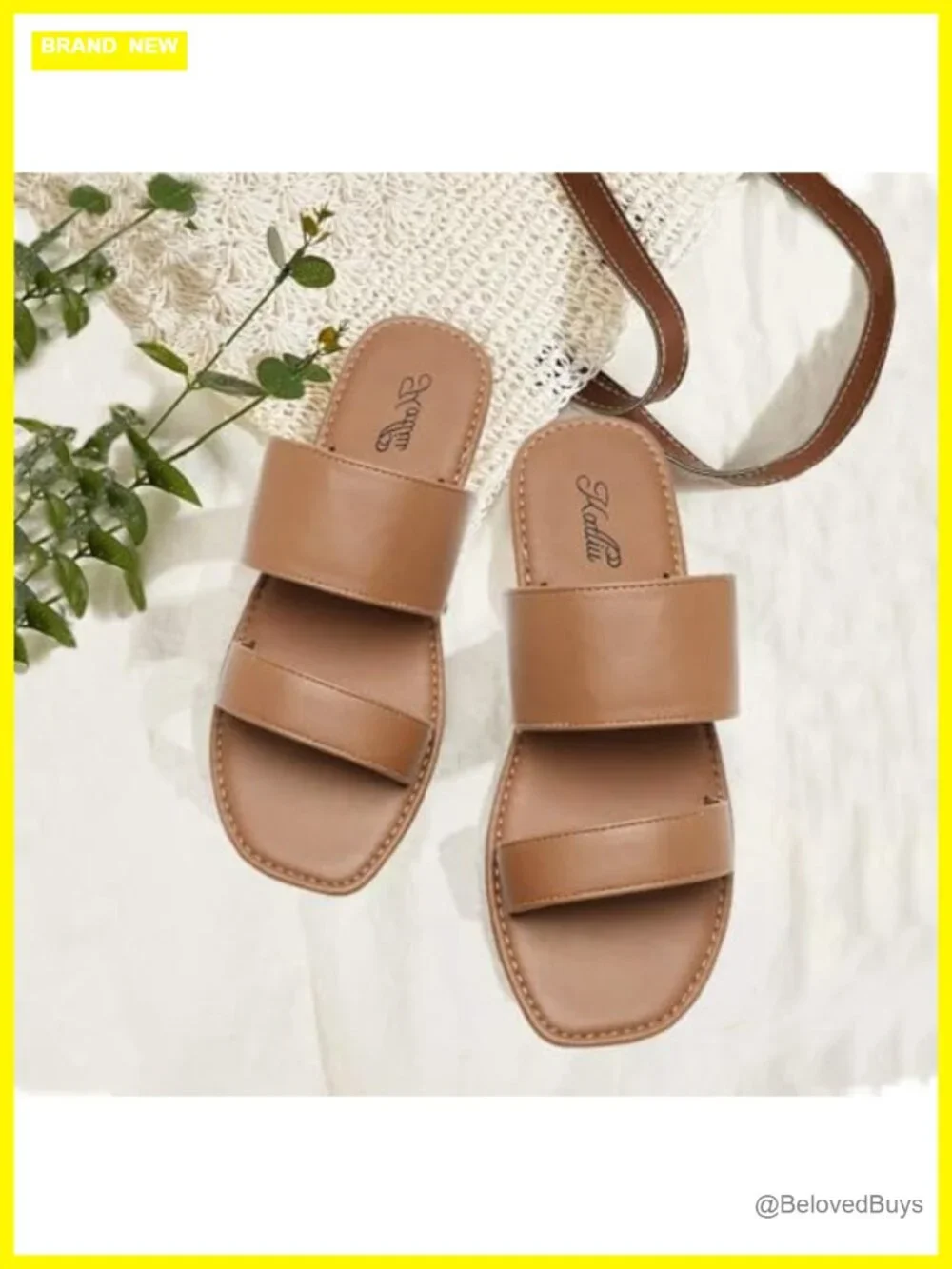 Women's Two Strap Flat Slide Sandals Faux Leather Square Toe Cushioned